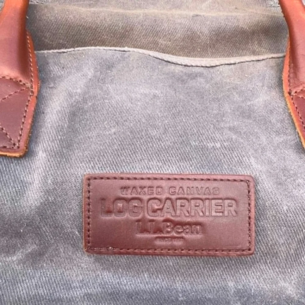 L.L.Bean Waxed Canvas Log Carrier Firewood Tote Leather Handles Brown Wood Carry